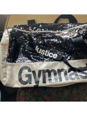 Justice Gymnasts Duffle Bag Silver W/ Black & Silver Sequins Adjustable Strap